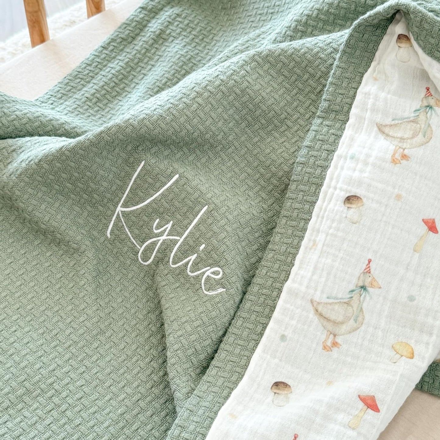 Personalized Baby Blanket with Name – Handmade 100% Organic Cotton Newborn Gift | Custom Knit Blanket for Boys, Girls, Kids & Baby Showers (Sage Green/Goose & Cap)
