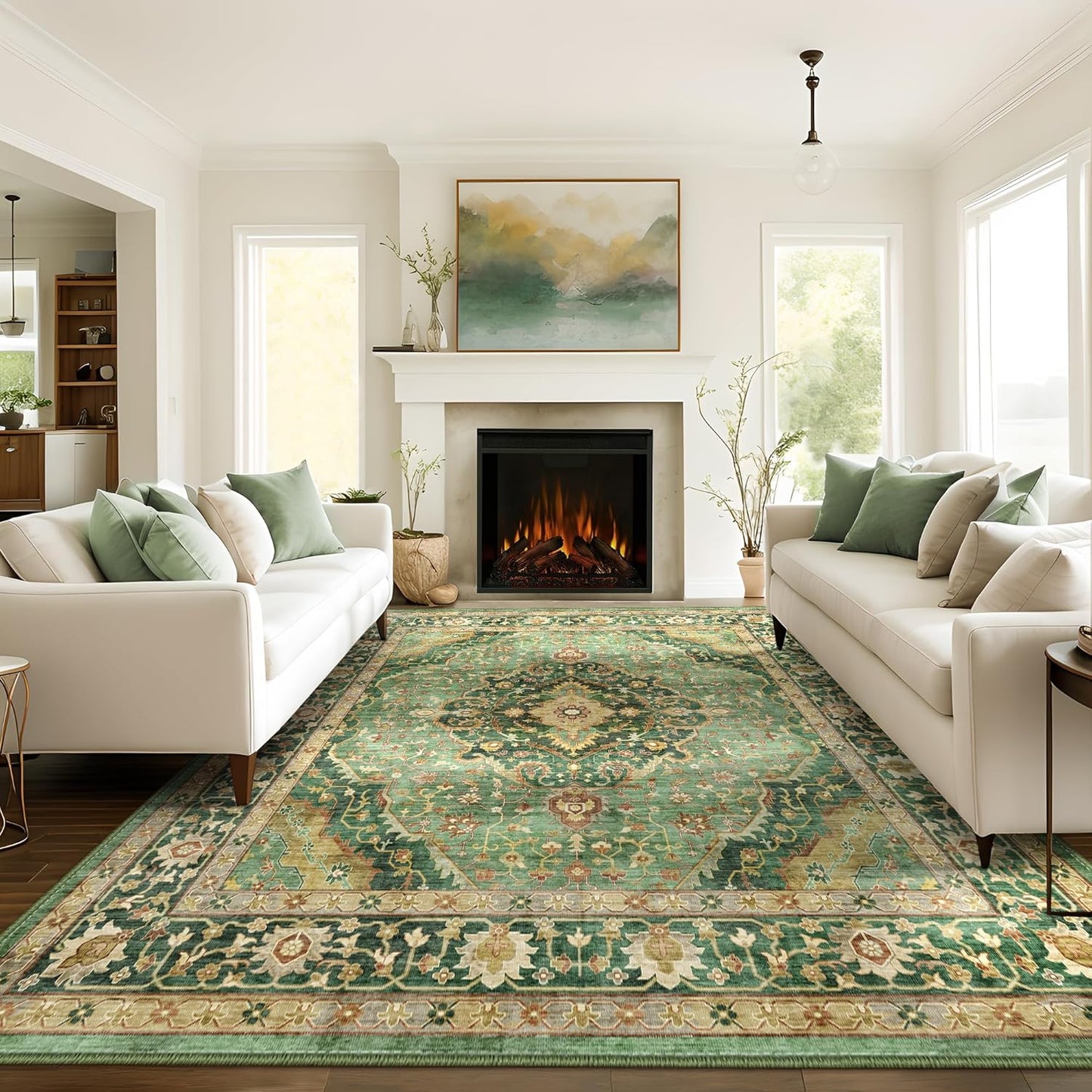 9x12 Rugs for Bedroom, Vintage Washable Rugs Non Slip Large Area Rug for Living Room Dining Room Office, Floor Decoration Big Rug Carpet Low-Pile Kid & Pet Friendly(Border Green)