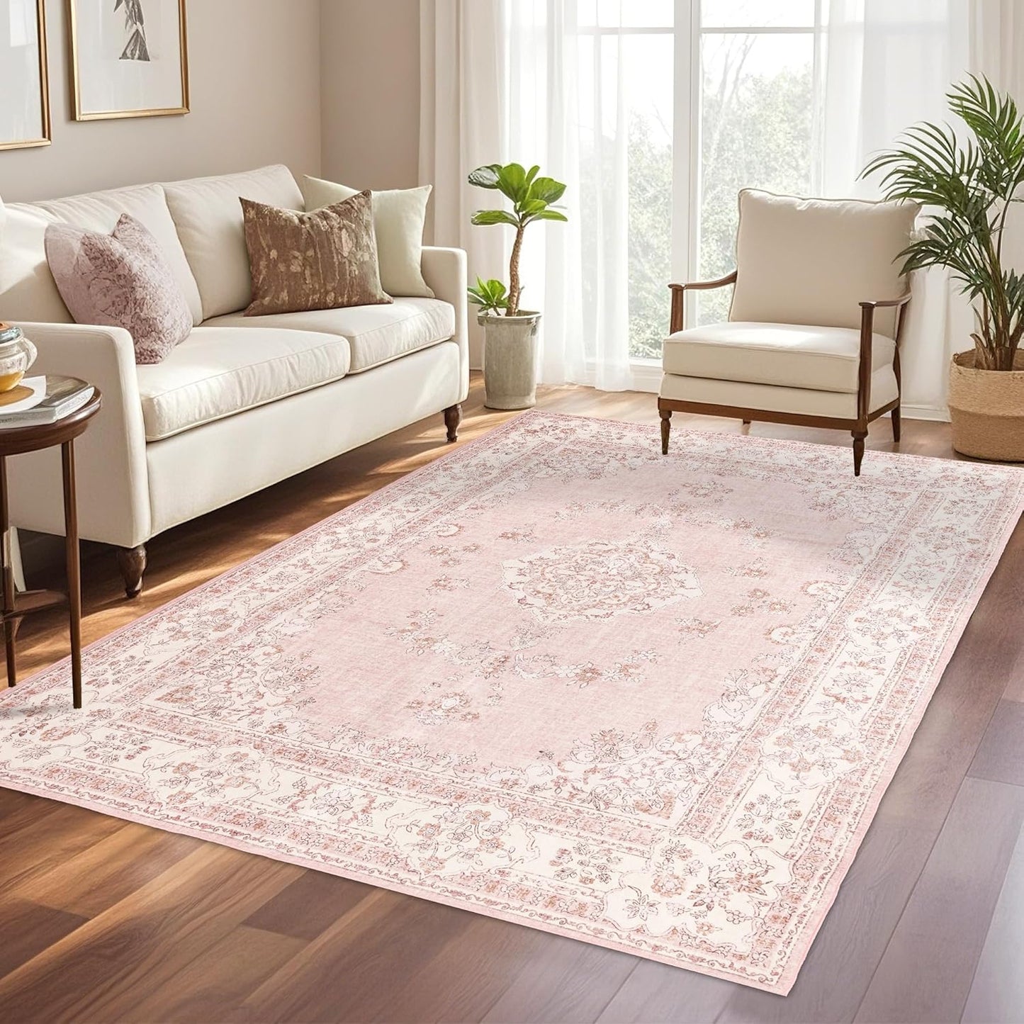 6x9 Area Rugs Washable: Oriental Soft Area Rug for Living Room Bedroom No Shedding - Low Pile Thin Carpet Rug for Dining Room Non Slip - Boho Vintage Rug for Home Decor - Soft Pink