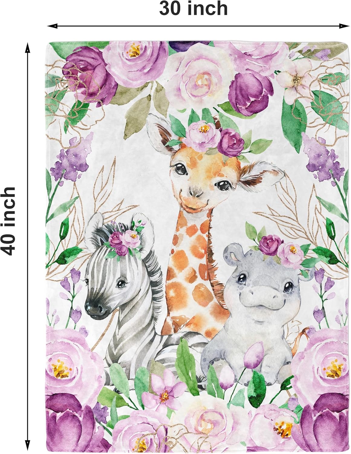 UNIQUE Violet Flowers Safari Ultra Soft Fleece Baby Blanket 30x40in, Cute Zebra Hippo Giraffe Baby Blanket, Girl