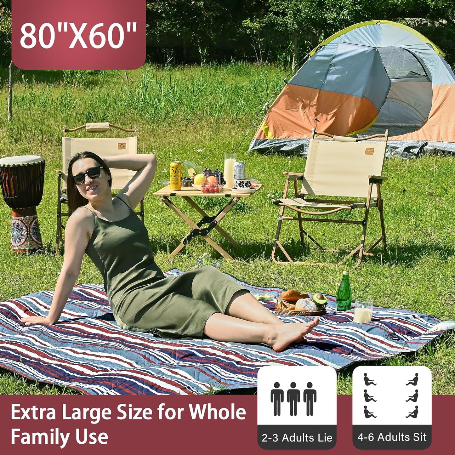 HX&OD Outdoor Picnic Blanket Extra Large, 80''*60'' Waterproof Picnic Mat with Stakes Foldable Camping Blanket Portable with Carry Strap for Beach Mat (Green& White, 80''*60'')