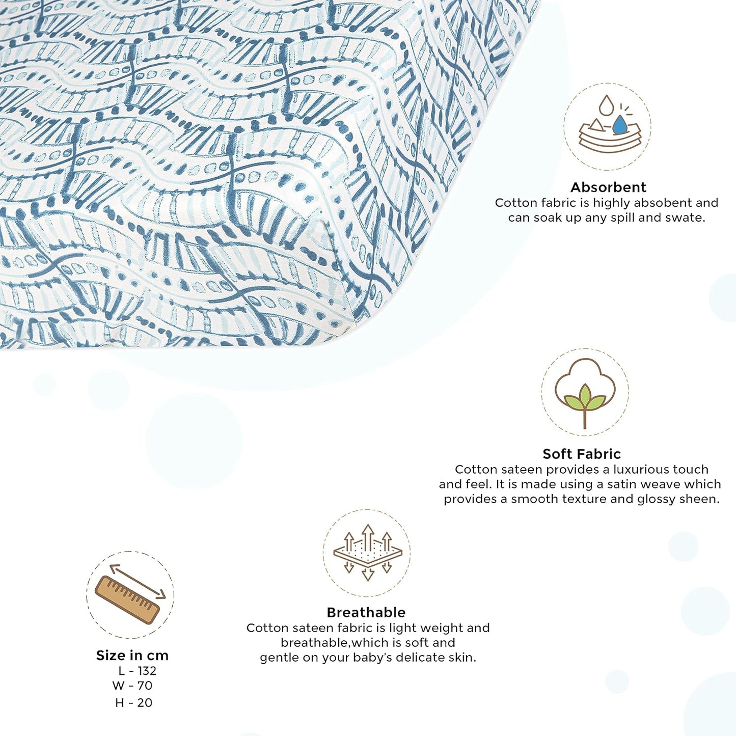 Crane Baby Soft Cotton Crib Mattress Sheet, Fitted Sheet for Cribs and Toddler Beds, Indigo Blue, 28”w x 52”h x 9”d