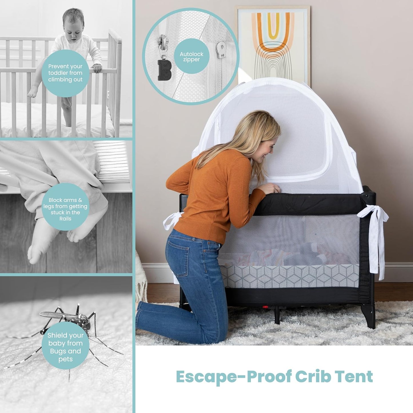 Premium Pack n Play Tent, Mini Crib Tent to Keep Baby from Climbing Out, Auto Pop Up Pack and Play Tent with Auto-Lock Zippers, Thick Velvety Breathable Mesh (Geometric Cubes)