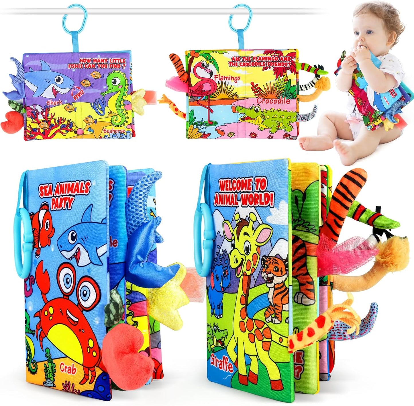 Vanmor Soft Baby Books for 0-18 Month Olds – 2PCS Crinkle Cloth Books with Forest & Ocean Themes, Tummy Time Toys for Infants, Sensory Books for Babies, Ideal Christmas