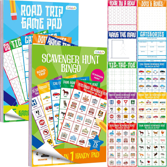 2 Pack Road Trip Game Pads, 10 Games (Categories, Dot & Boxes, Tic-tac-Toe, Scavenger Hunt Bingo), Pen Pencil Paper Game, Plane Trip/Car Travel/Getaway Activity Pad for Kid, Adult