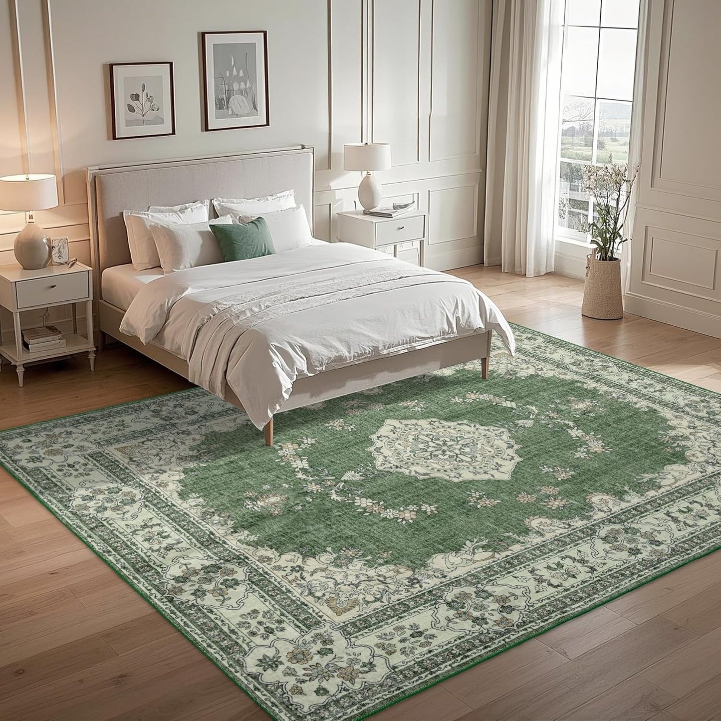 10x14 Area Rug Washable: Oriental Soft Area Rug for Living Room Bedroom No Shedding - Low Pile Thin Carpet Rug for Dining Room Non Slip - Boho Vintage Rug for Home Decor - Olive Green