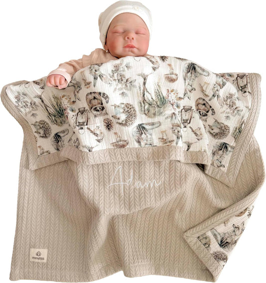 Personalized Baby Blanket with Name – Handmade 100% Organic Cotton Newborn Gift | Custom Knit Blanket for Boys, Girls, Kids & Baby Showers (Stone Beige/Critter Crew)