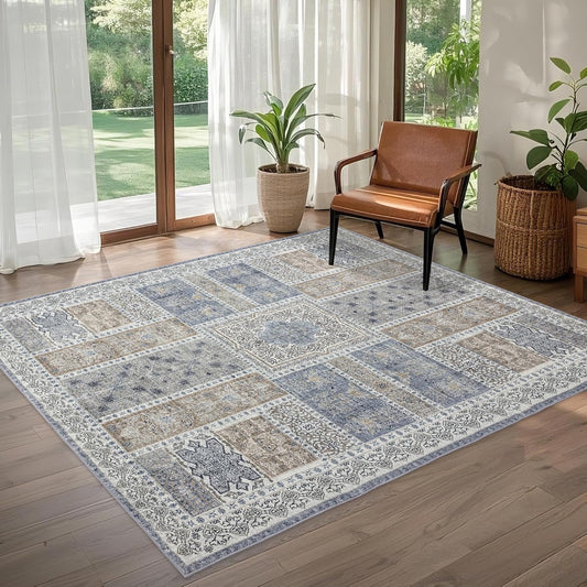 6x9 Area Rugs Washable: Oriental Soft Area Rug for Living Room Bedroom No Shedding - Low Pile Thin Carpet Rug for Dining Room Non Slip - Boho Vintage Rug for Home Decor - Blue Grey