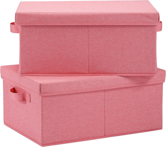 HOONEX Linen Foldable Storage Bins with Lids, 2 Pack, Storage Boxes with Carrying Handles and Sturdy Heavy Cardboard, 16.5" L x 11.8" W x 7.5" H for Shoes, Books, Clothes, Nursery, Pink