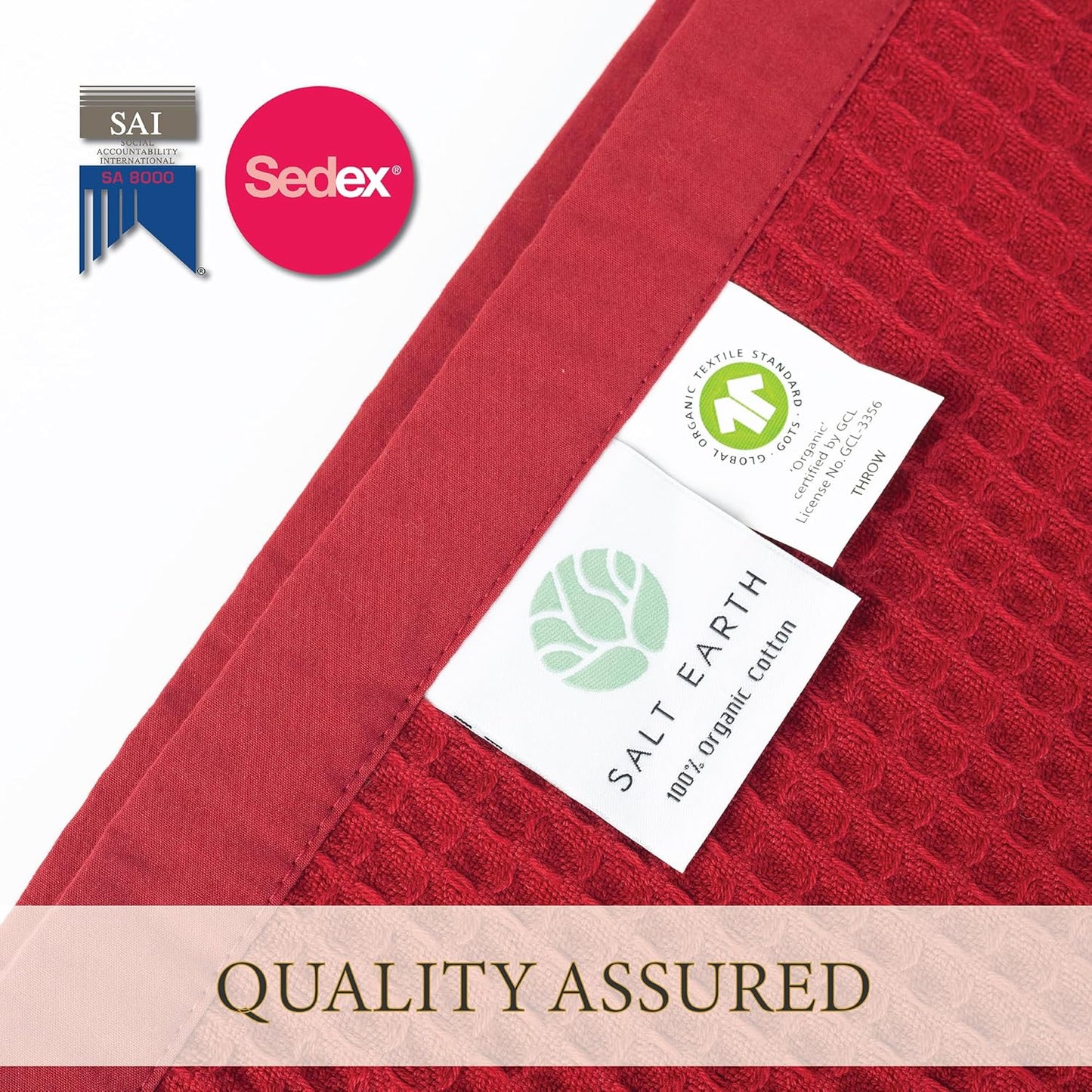 Salt Earth GOTS Certified 100% Organic Cotton Throw Blanket, 55" x 60" Waffle Blankets & Throws for Bed, Throw Blanket for Couch, Modern & Cozy Blanket, All Season,Comfy & Soft Blanket(Red Dahlia)