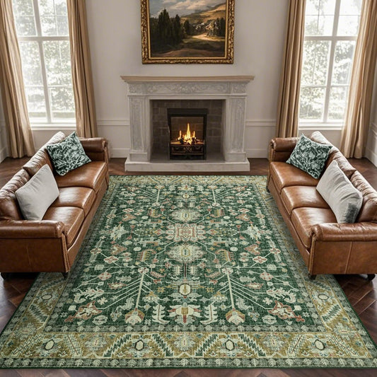 9x12 Area Rug Washable: Oriental Soft Area Rug for Living Room Bedroom No Shedding - Low Pile Thin Carpet Rug for Dining Room Non Slip - Boho Vintage Rug for Home Decor - Retro Forest Green