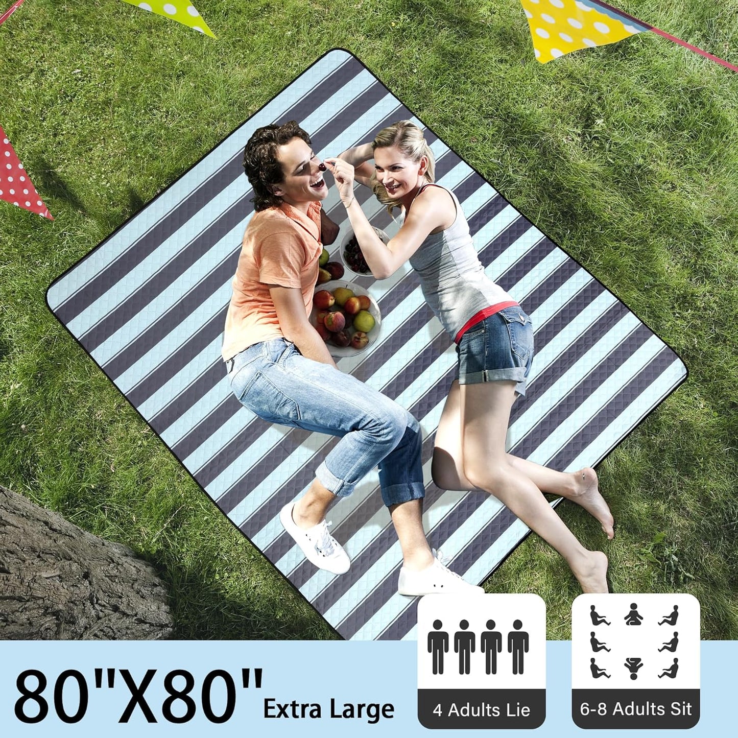 HX&OD Extra Large Picnic Outdoor Blanket, 80”x80” Waterproof Picnic Mat Foldable Camping Blanket Portable with Carry Strap for Beach Mat Outdoor Camping Party(Grey&Green)