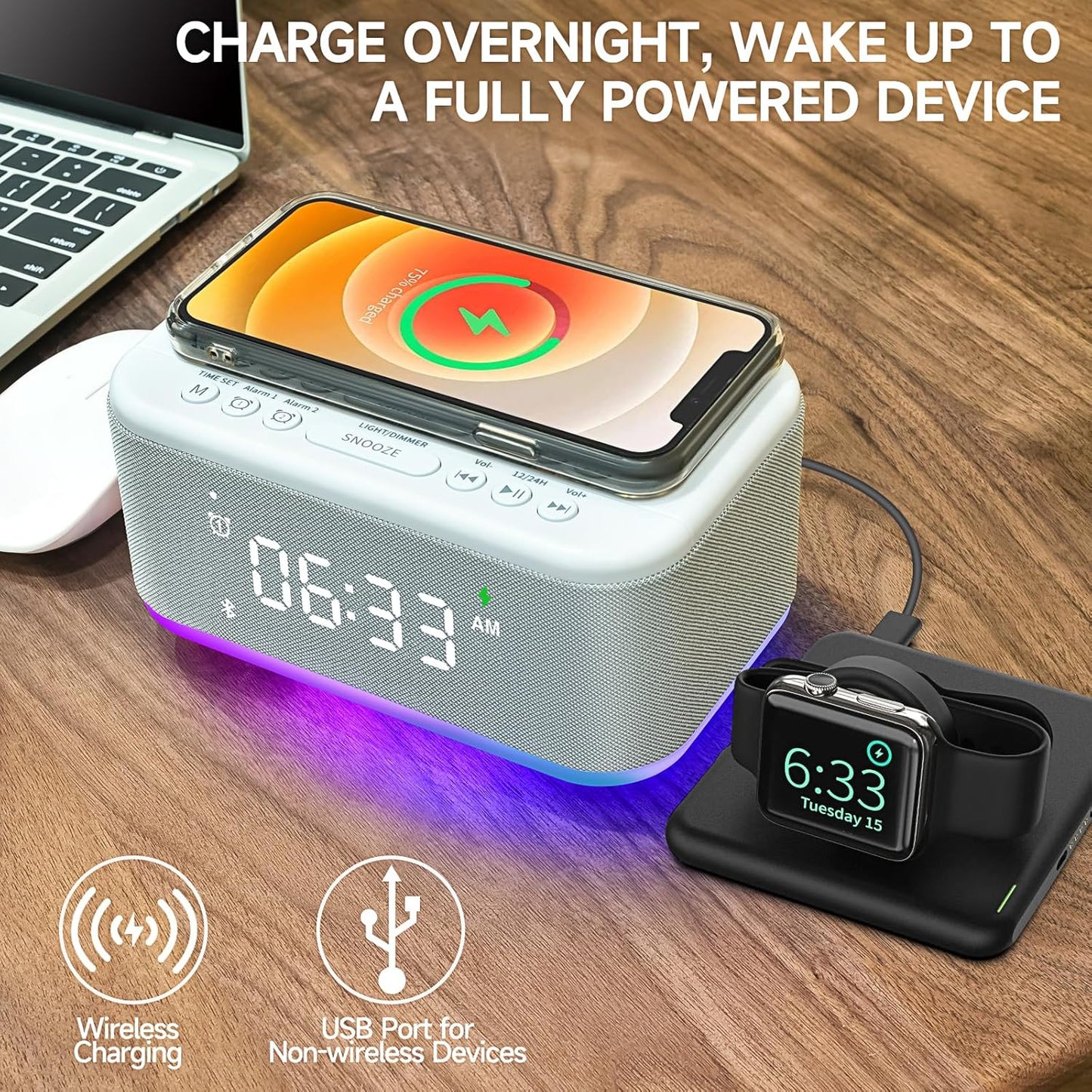 Alarm Clock Speaker Wireless Charger, Digital Alarm Clocks Bedrooms Bluetooth, Alarm Clock Dimmable Light Bedrooms Dual Alarm Snooze Dimmer 12 24H RGB Night Light Bluetooth USB AUX, Gray