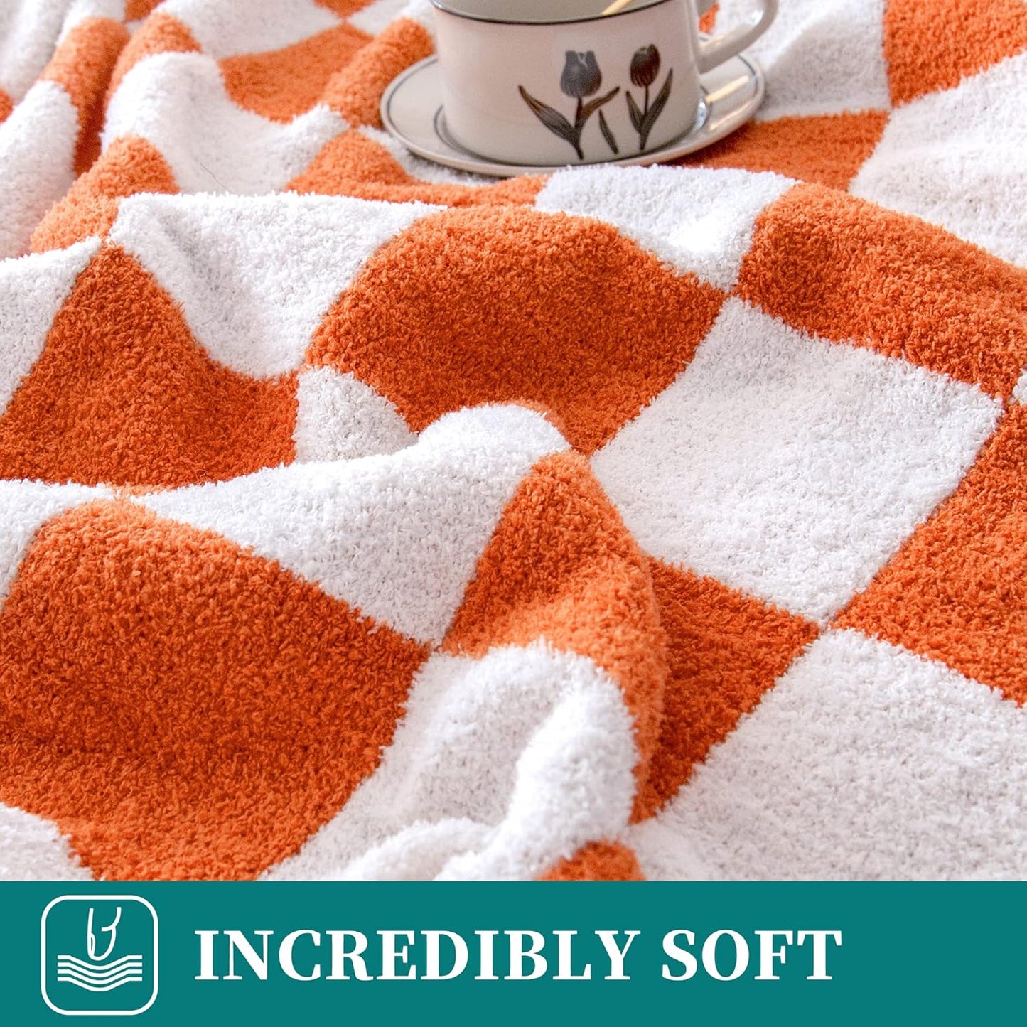 SeaRoomy CheckeredThrow Blanket, Soft Fluffy Microfiber Knit Throw Blanket for Couch Bed, Warm Cozy Reversible Checkerboard Knitted Blanket Room Decor(Burnt Orange, 60"×79")