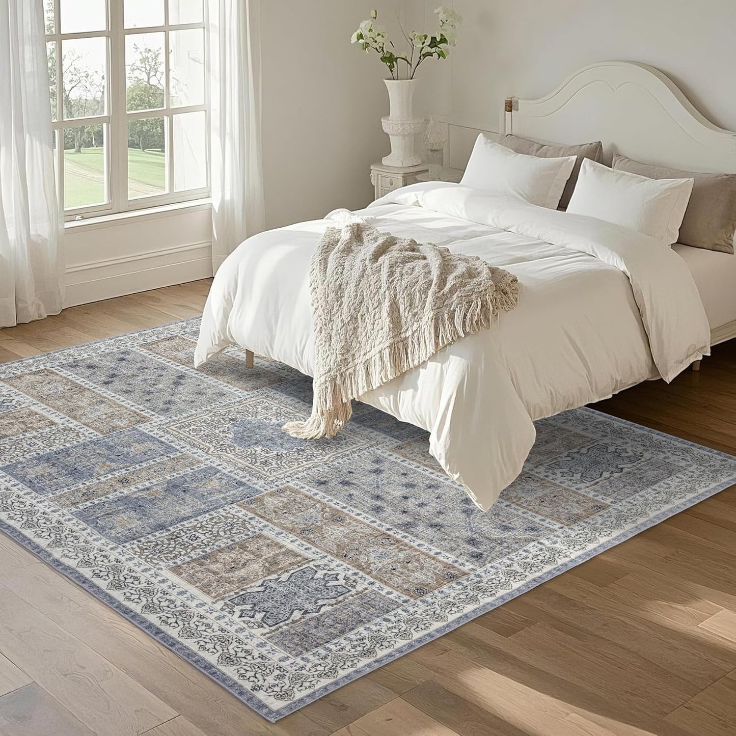 5x8 Area Rug Washable: Oriental Soft Area Rug for Living Room Bedroom No Shedding - Low Pile Thin Carpet Rug for Dining Room Non Slip - Boho Vintage Rug for Home Decor - Blue Grey