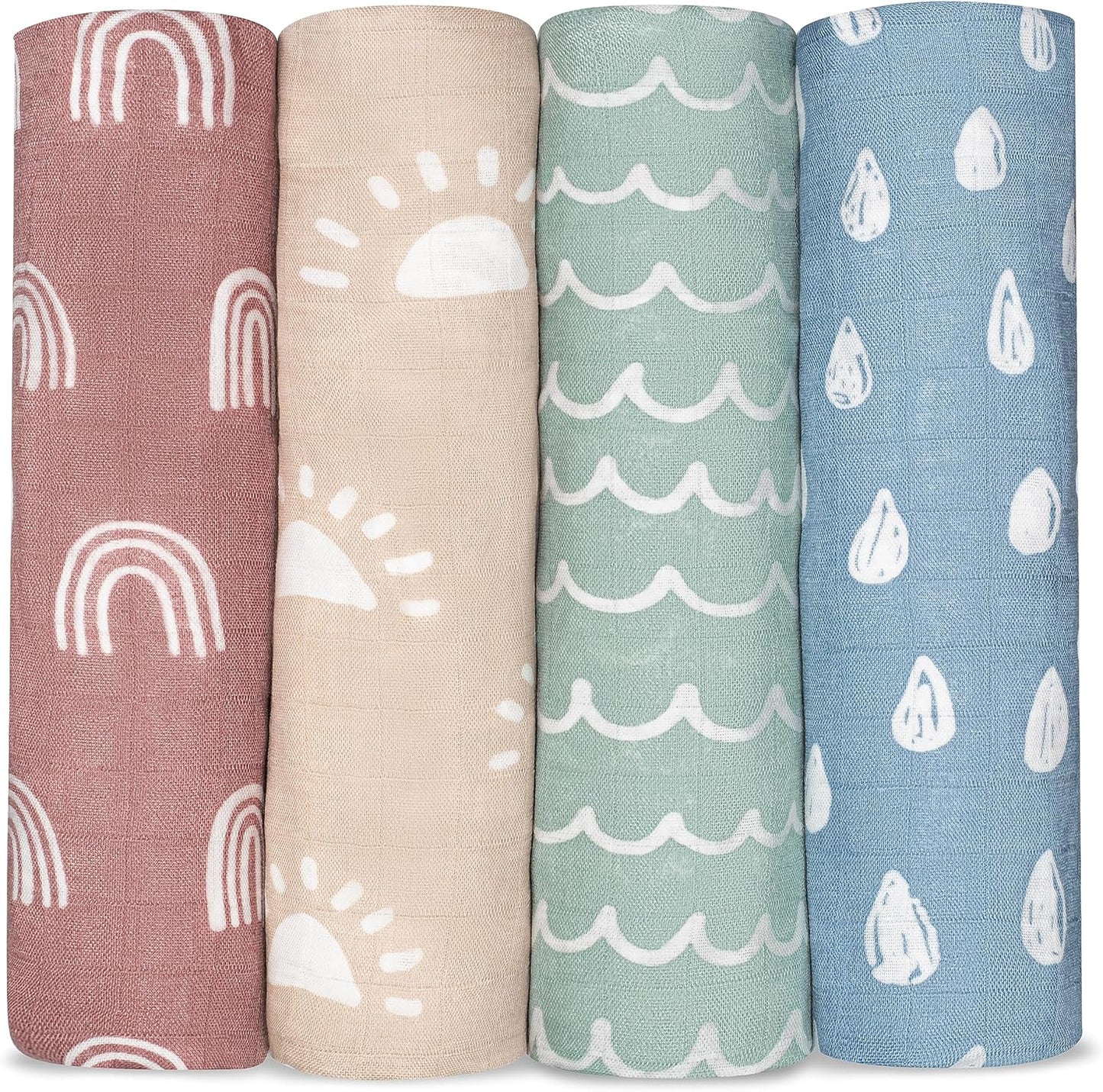 Comfy Cubs Muslin Swaddle Blankets Pack of 4, 47 x 47 Inches, Soft Cotton Baby Blanket Set, Large Multipurpose Swaddling Wraps for Newborns - Self-Soothing Swaddle - Sun, Rainbow, Rain, Doodle