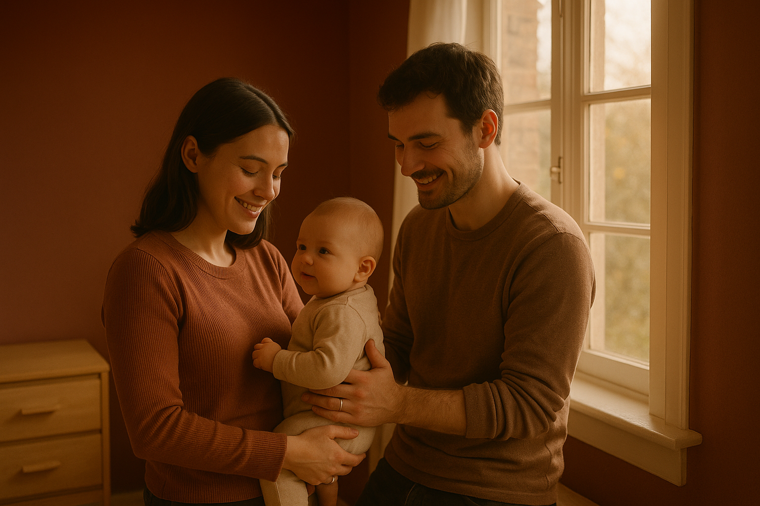 A crimson room by the window. A smile as parents hold their baby lightly. The background is minimal with ivory walls and lightwood furniture.