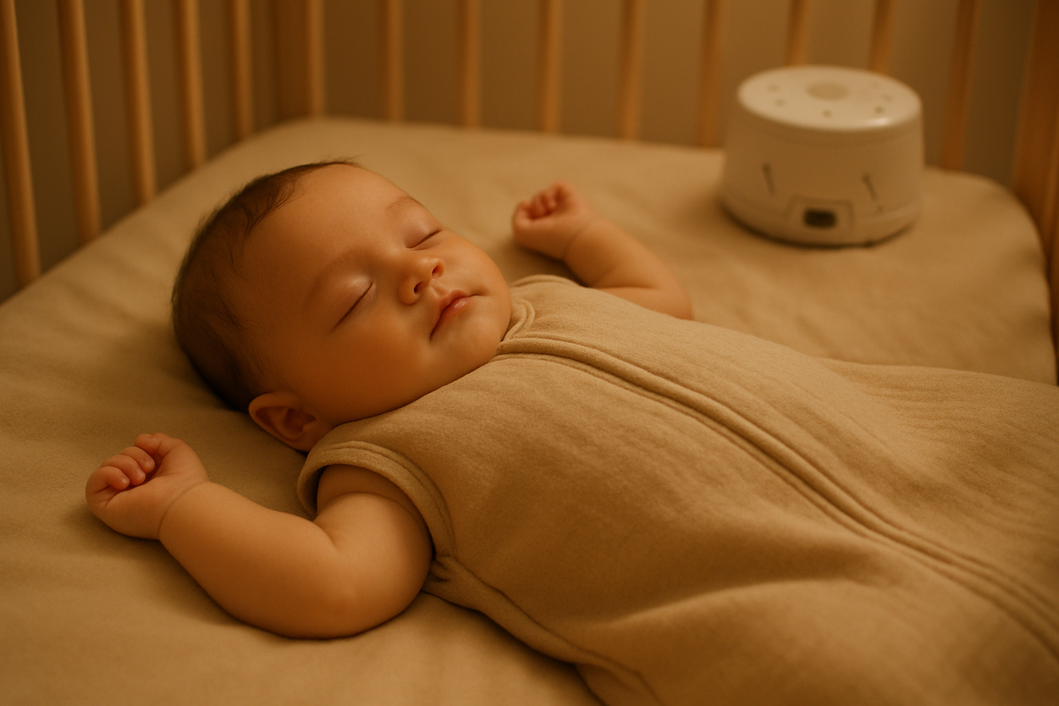 Baby sleeping on back in beige bedding with sleep sack, sound machine blurred.