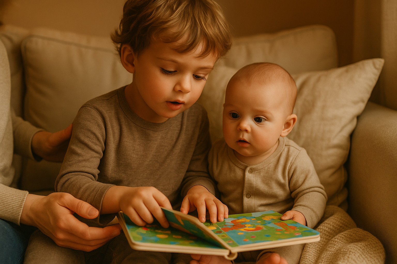Older sibling (4–6 y/o) reading book beside baby, parent’s hand in frame.