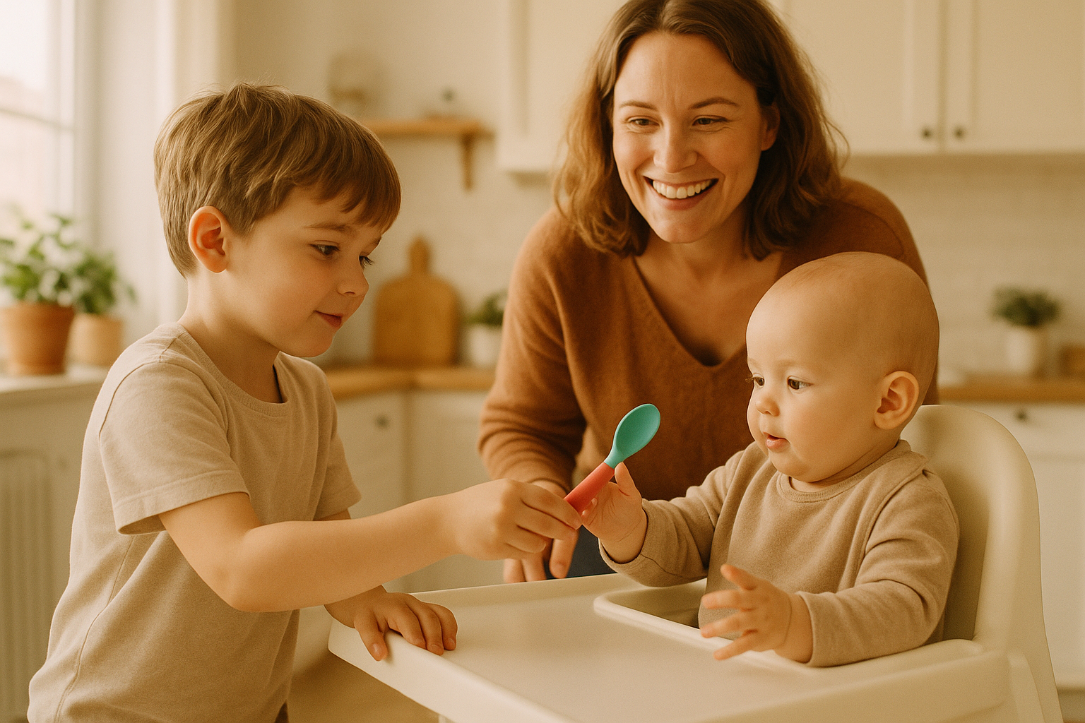 Sibling handing silicone spoon to baby, parent smiling.