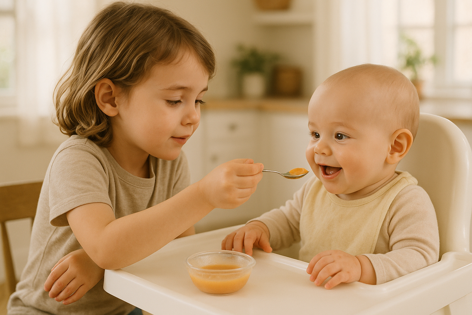 Sibling helping baby eat