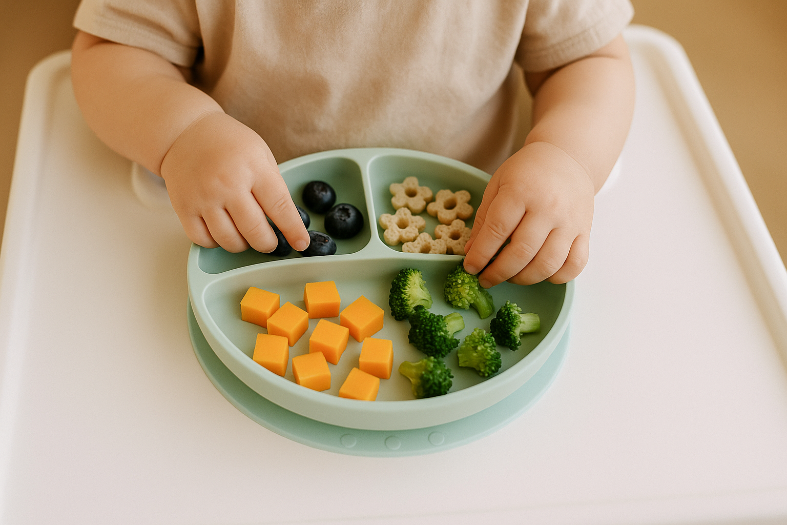 Toddler’s hands picking finger food from pastel silicone suction plate.